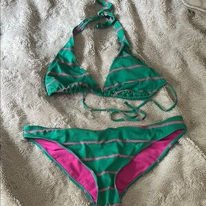 Green and Pink Striped Bikini